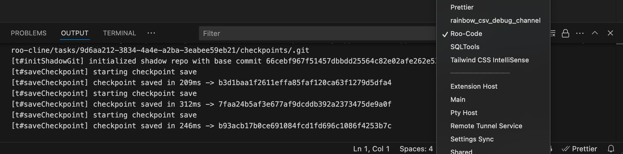 VS Code Output panel showing Roo Code logs for troubleshooting